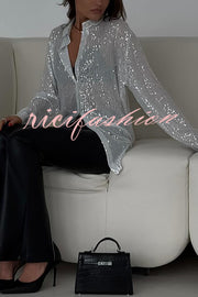 Fashion Sequin Lapel Long Sleeve Loose Shirt