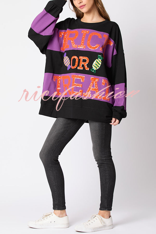 Halloween Letter Sequined Color Block Loose Casual Sweatshirt