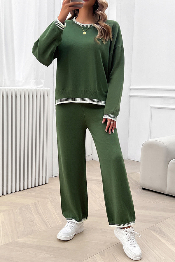 Home Casual Contrasting Color Knitted Sweater and Elastic Waist Loose Pants Set