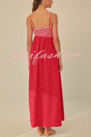 Red Fish Embroidered Sling Backless Maxi Dress