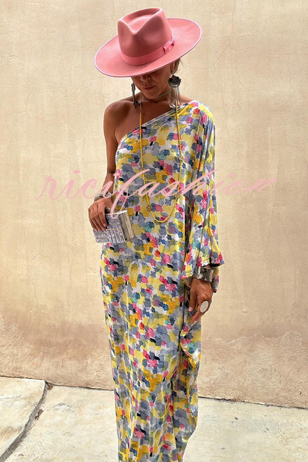 Indio Watercolor Print One Shoulder Drape Sleeve Maxi Dress