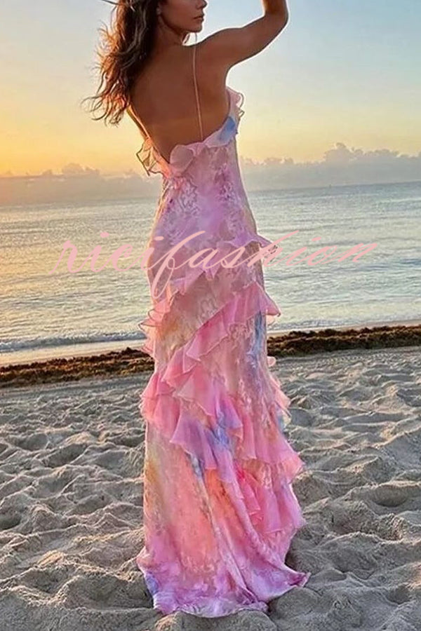 Multicolor Tie-dye Sexy Backless Wave-hem Strap Maxi Dress