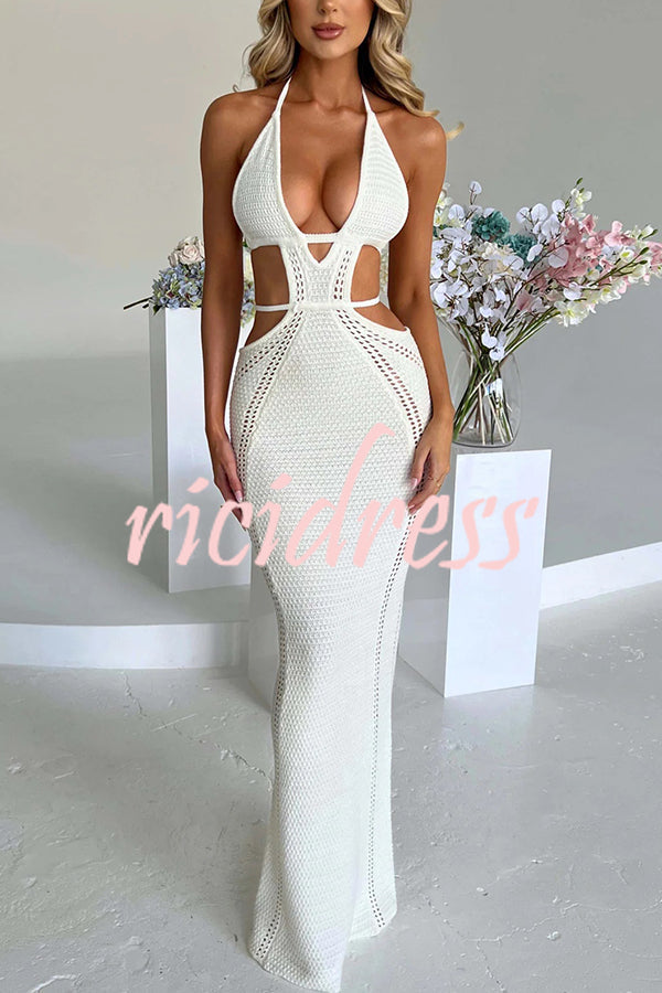 Effortlessly Cool and Sexy Knit Crochet Cutout Halter Tie-up Stretch Maxi Dress