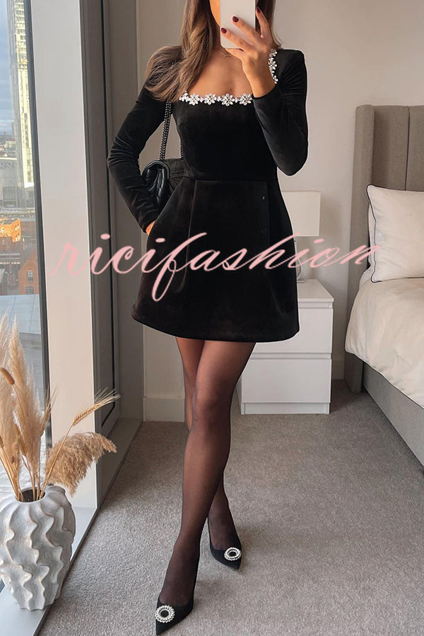 Endless Celebration Velvet Jewel Embellished Trim Long Sleeve Pocketed Mini Dress