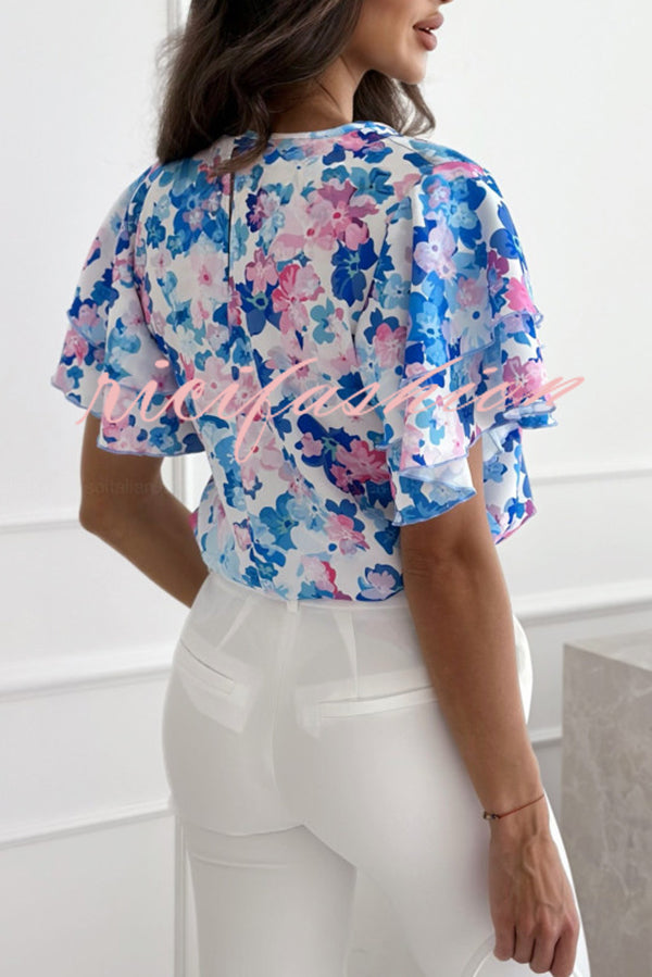 Floral Print Ruffle Sleeve Crew Neck Short Sleeve Top