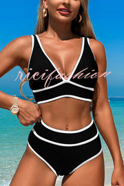 Solid Color Contrast High Waist Stretch Bikini Swimsuit