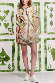 Antibes Unique Printed Loose Button-down Shirt and Pocket Elastic Waist Shorts Set