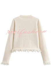 Fashion Round Neck Long Sleeve Bow-decorated Pocket Knitted Jacket