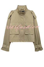 Classic Charm Strap Details Pocketed Cargo Style Zipper Loose Jacket