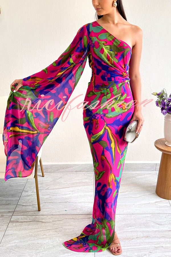 Colorful Printed One-sleeve Slim-fitting Slit Maxi Dress