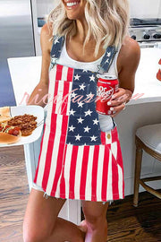 Independence Day American Flag Print Casual Pocket Denim Strap Mini Dress