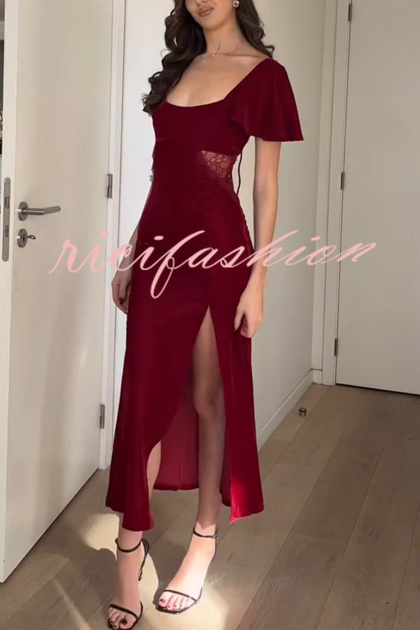 Yumi Velvet Lace Patchwork Bell Sleeve Back Lace-up Slit Midi Dress