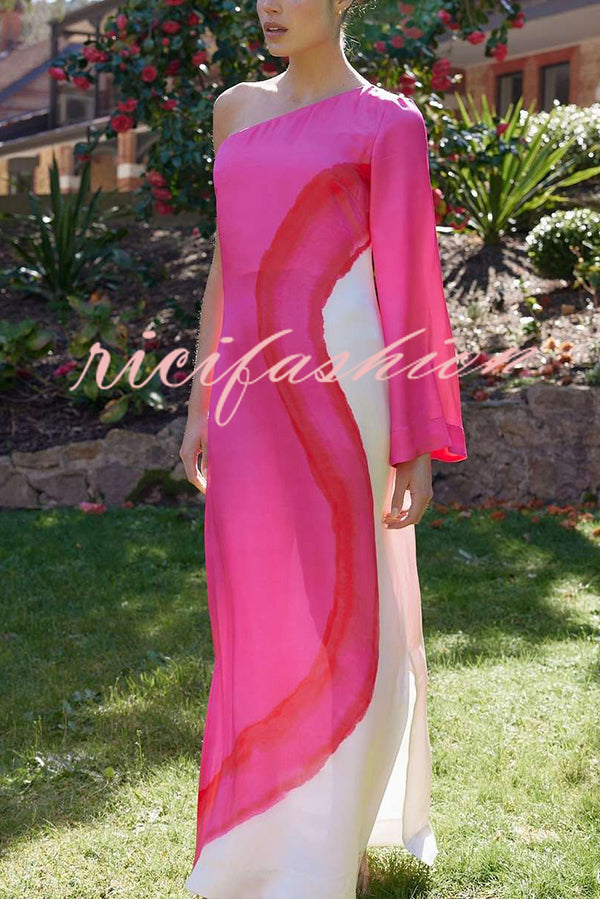 Contrast Print Elegant One-sleeve Slit Maxi Dress