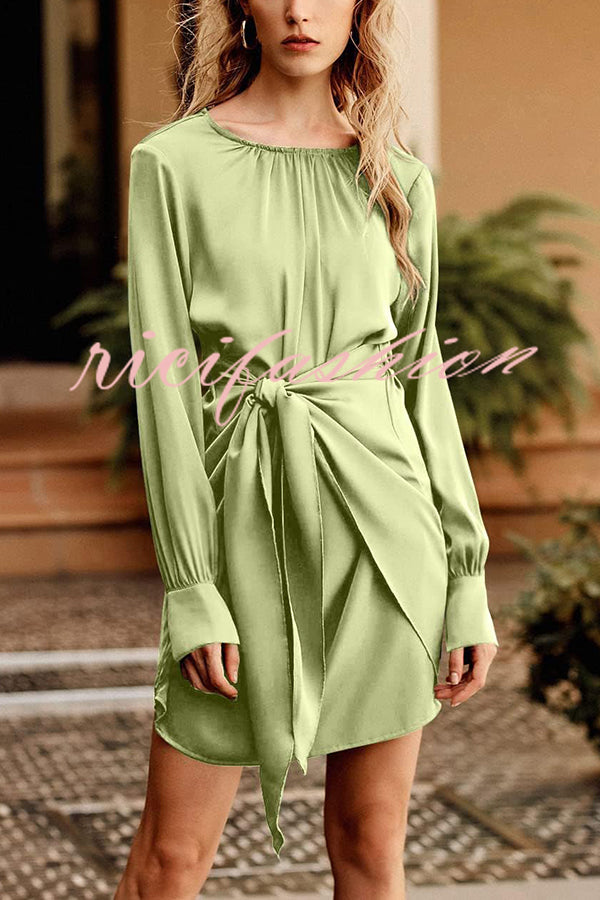 Satin Round Neck Long Sleeve Elastic Tie Mini Dress