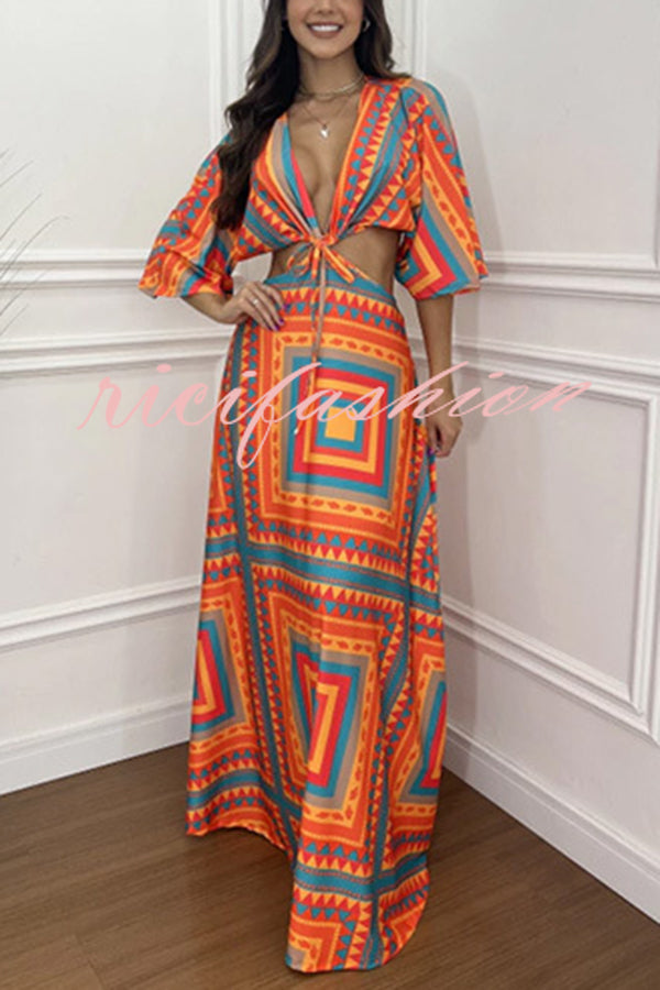 Wilma Unique Print Cutout Elastic Waist Tie-up Kimono Sleeve Maxi Dress