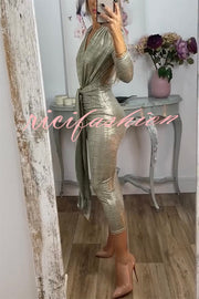 Shiny Lady Metallic Fabric Padded Long Sleeve Tie-up Ruched Midi Dress