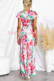 Say I Do Satin Floral Print Cap Sleeves Maxi Dress