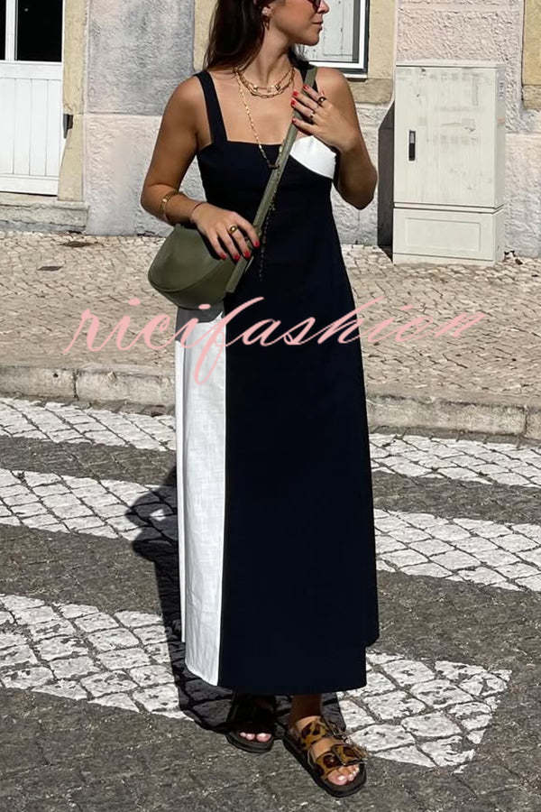 Simple and Stylish Contrast Color Sling Back Smocked Maxi Dress