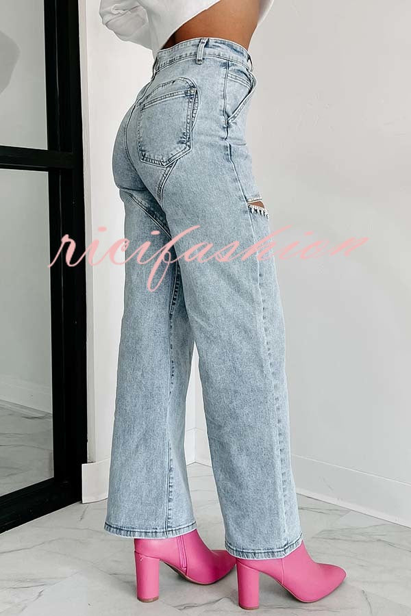 Blowing Your Mind Slit-Front Wide Leg Pocket Rhinestone Jeans