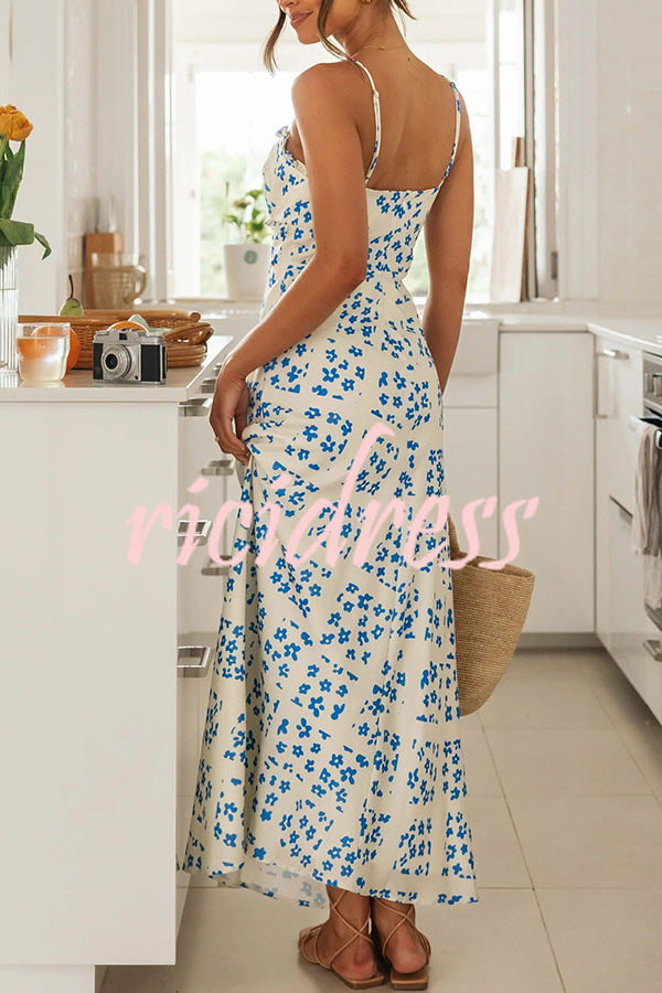 Starry Floral Print Lace Up Pleated Patchwork Zip Back Maxi Dress