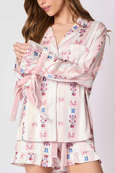 Unique Printed Loose Pocket Bow Tie Top and Elastic Waist Ruffled Shorts Set