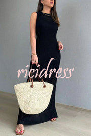 Elegant Knitted Round Neck Paneled Cutout Bodycon Maxi Dress