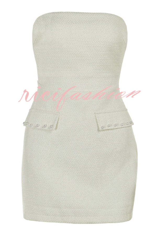 Stylish Sleeveless Tweed Sexy Slim Fit Pearl Embellished Mini Dress