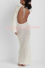 Bahamas Knit Long Bell Sleeve Sexy Backless Holiday Cover-up Maxi Dress