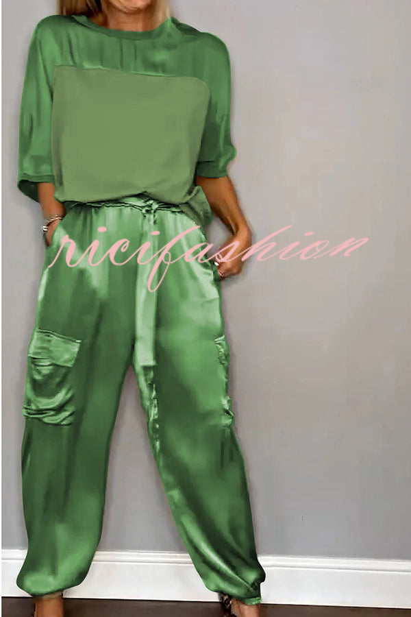 Calissa Smooth Satin Half-sleeved Top and Elastic Waist Pocket Pants Set