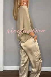 Calissa Smooth Satin Half-sleeved Top and Elastic Waist Pocket Pants Set