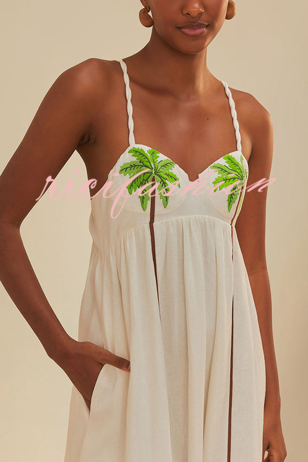 Coconut Tree Print Suspender Backless Large Hem Maxi Dress