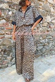 Leopard Print Color Block Short Sleeve Loose Shirt and Elastic Waist Pocket Pants Set