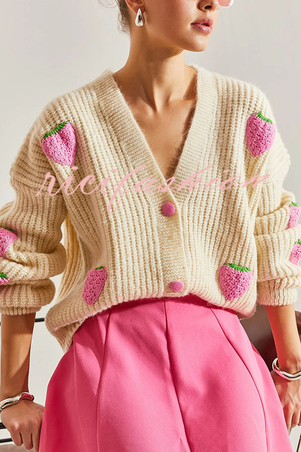 Stylish and Sweet V-neck Strawberry Embellished Knitted Cardigan