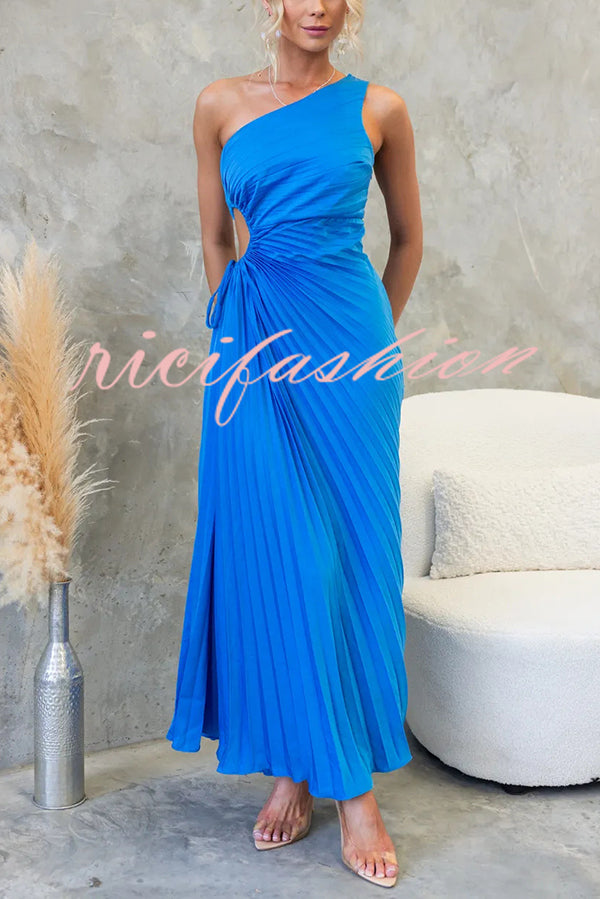 Charming One Shoulder Lace Up Cutout Pleated Maxi Dress