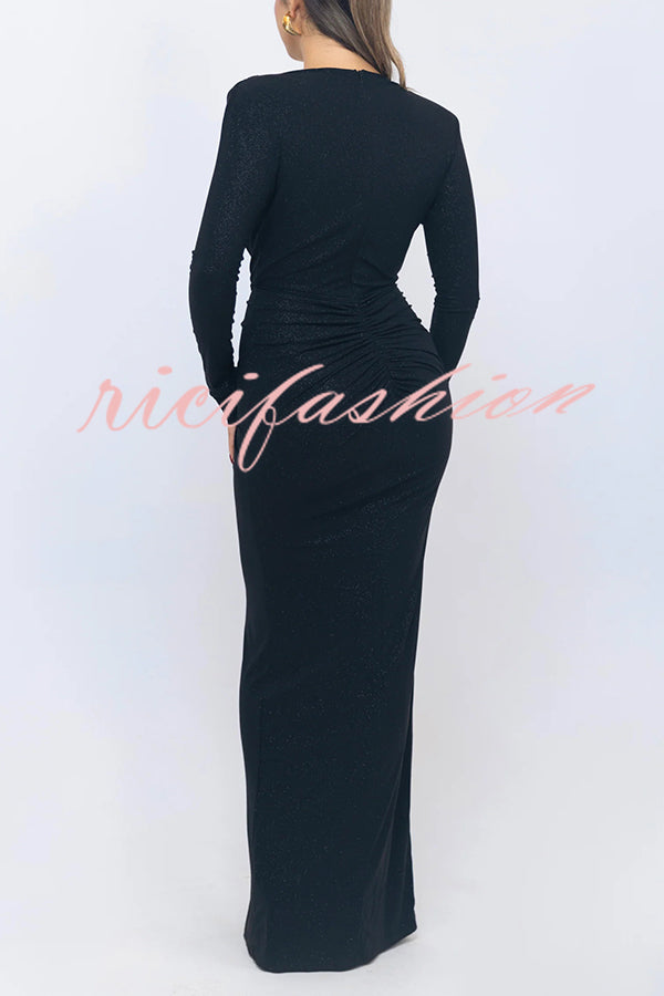 Solid Color Shiny Sexy V-neck Long Sleeve Ribbon Slit Slim Fit Maxi Dress