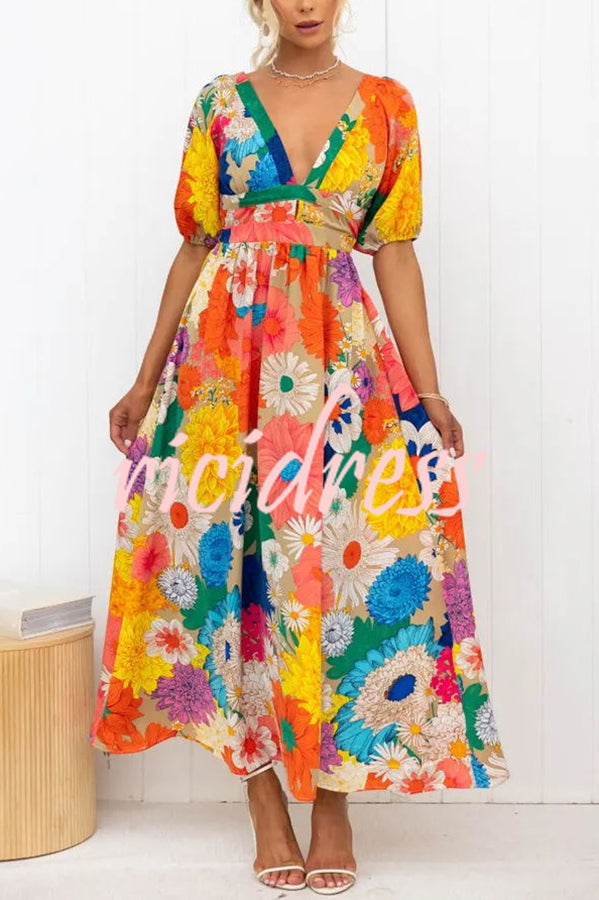 Floral Frenzy Printed Puff Sleeve Back Smocked Maxi Dress