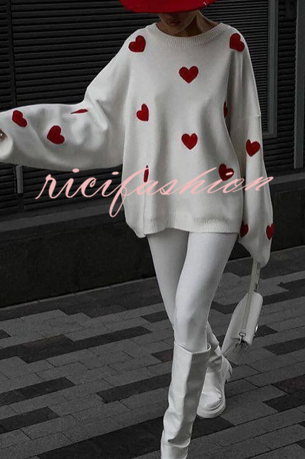 Fashionable Embroidered Love Loose Round Neck Long Sleeve Knitted Sweater