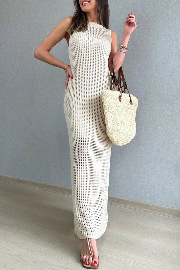 Elegant Knitted Round Neck Paneled Cutout Bodycon Maxi Dress