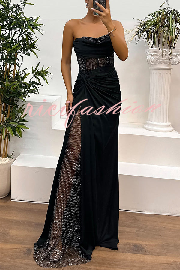 Audrey Satin Paneled Mesh Sequin Fabric Off Shoulder Ruched Drape Maxi Dress