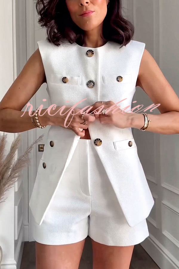 Impeccable Textured Fabric Button Up Princess Seams Vest Top