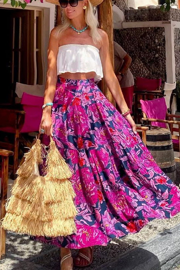 Floral Fantasy Printed High Rise  Back Elastic Waist Maxi Skirt