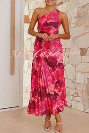 Laken Floral Print One Shoulder Adjustable Tie Cutout Pleated Maxi Dress