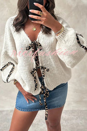 Fashionable Loose Long-sleeved Leopard Print Lace-up Knitted Sweater Cardigan