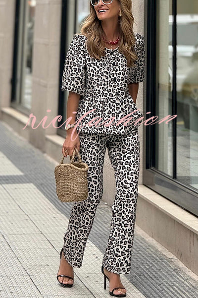 Enjoy Everyday Leopard Print Puff Sleeve Babydoll Top and Elastic Waist Pocketed Pant Set