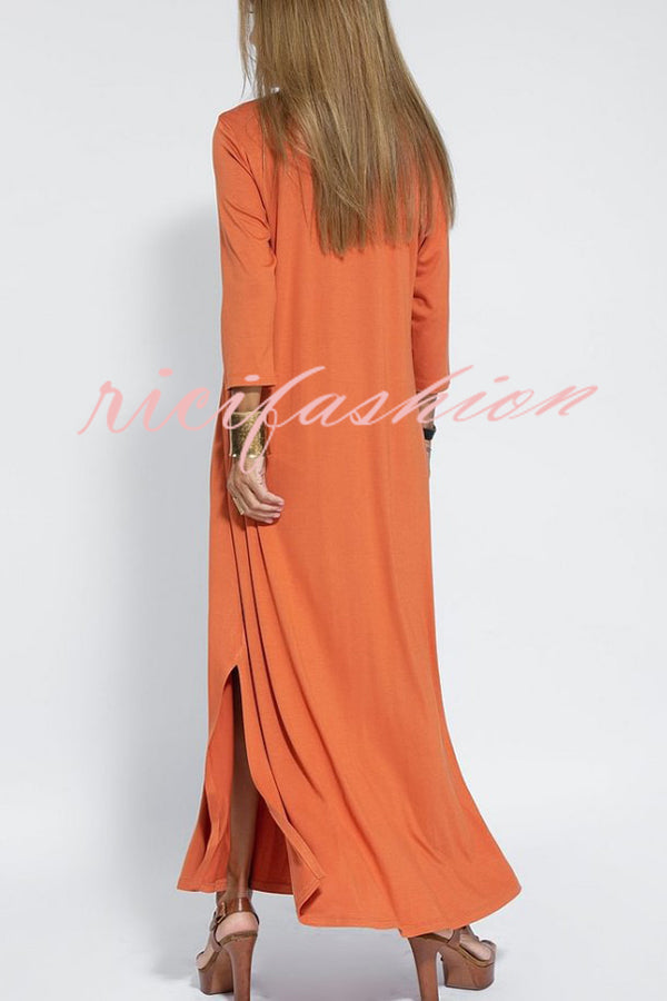 Solid Color V-neck Casual Slit Maxi Dress