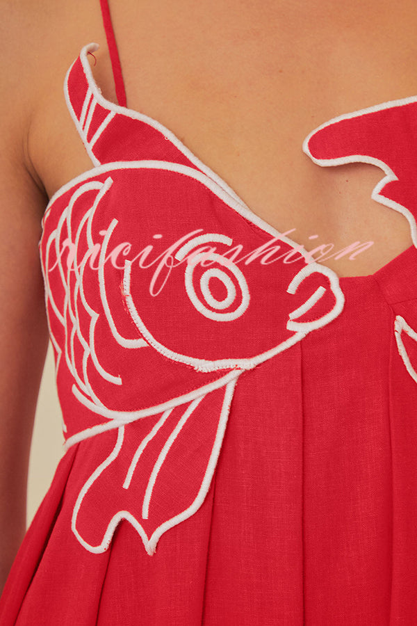 Red Fish Embroidered Sling Backless Maxi Dress