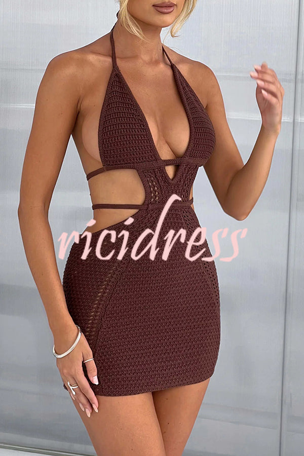 Effortlessly Cool and Sexy Knit Crochet Cutout Halter Tie-up Stretch Mini Dress