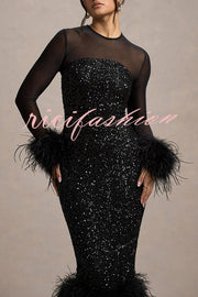 Glamor and Drama Mesh Sequin Patchwork Feather Trim Stretch Midi Dress