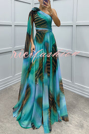 Lucia Unique Print Floral Detail One Shoulder Draped Sleeve Gown Maxi Dress