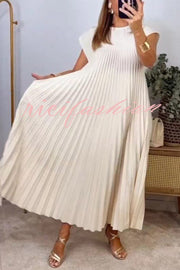 Solid Color Round Neck Sleeveless Pleated Large Hem Maxi Dress